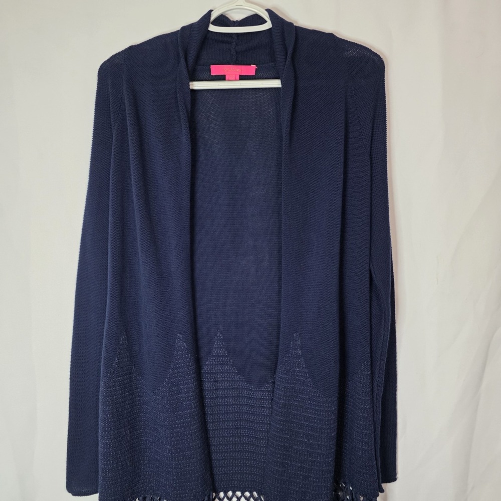 Lilly Pulitzer Tatum Cardigan Womens XS Navy Open Front Tassel Fringe Hem